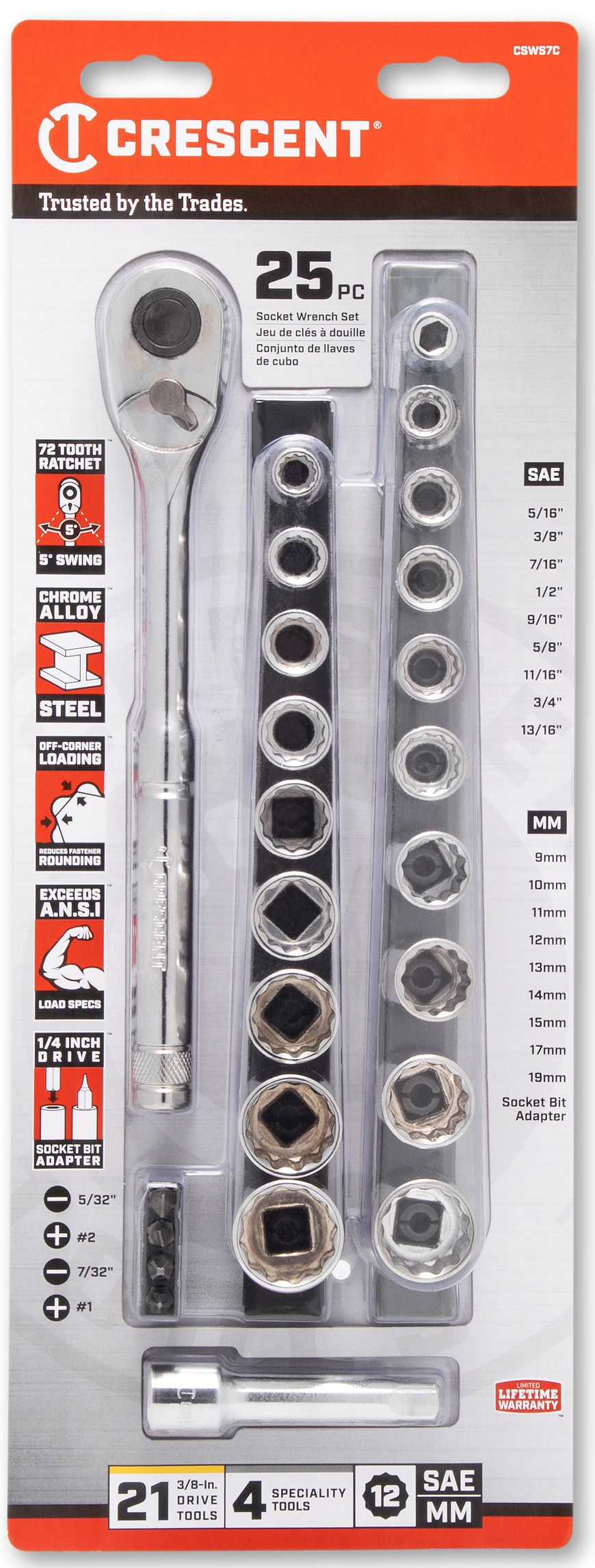 25 Pc. 3/8" Drive 12 Pt SAE/Metric Mechanics Tool Set