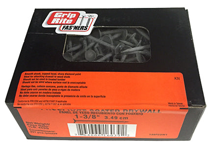 Grip-Rite 138PCDW1 Drywall Nail, 1-3/8 in L, Steel, Black Phosphate, Cupped Saucer Head, Smooth Shank, Gray