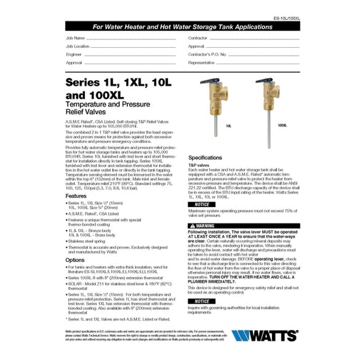 Watts 66100 Temperature and Pressure Relief Valve 3/4" MNPT Bronze 3/4" FNPT