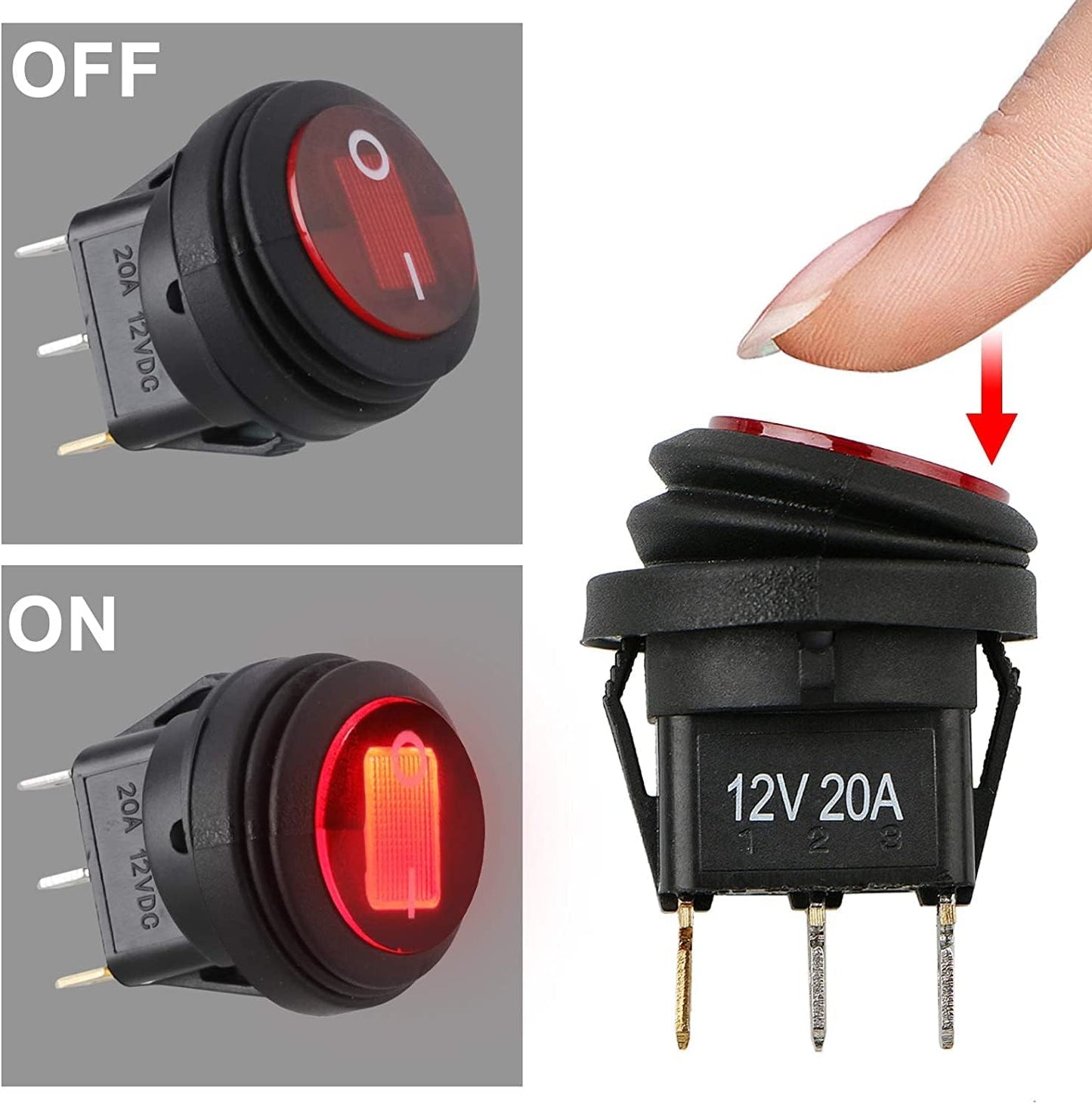 12V Car Truck RV Rocker Round Toggle Switch LED On-Off Control,Waterproof On/Off Boat Marine Auto Rocker Switch SPST 3 Pins for 20mm Mounting Hole (Red)