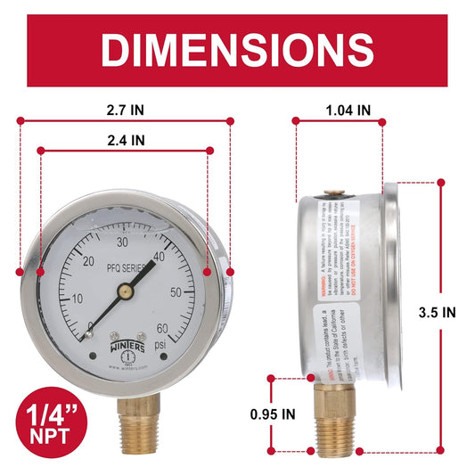 Winters 2-1/2" Glycerin Filled Dial 0-60 Psi Pressure Gauge With Bottom Mount