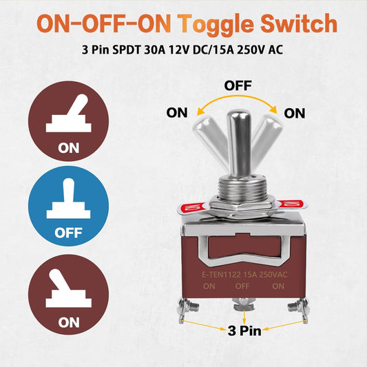 Toggle Switch, 3 Pin 12V DC 30A/250V AC 15A, Heavy Duty SPDT ON Off ON Switch, Marine Waterproof Toggle Switch with Boot Cap Cover, for Cars Trucks, Racing Cars, Boats