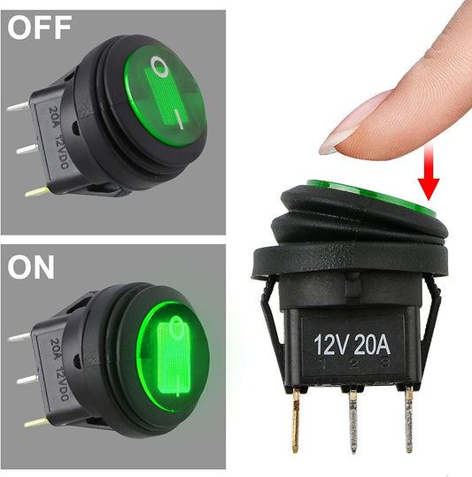 Toggle Switch LED On-Off Control, Waterproof On/Off Boat Marine Auto Rocker Switch SPST 3 Pins for 20mm Mounting Hole (Green)