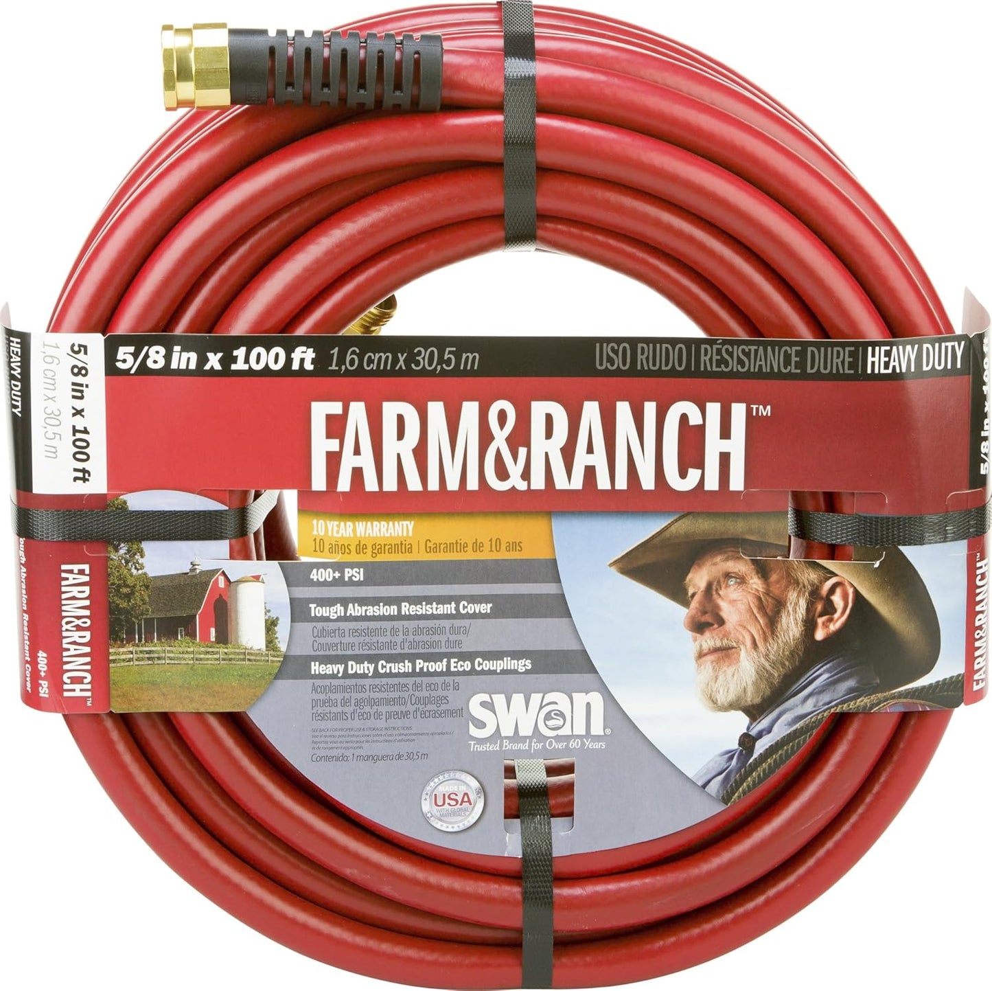 Swan Products SNFR58100 Farm & Ranch Durable Heavy Duty Water Hose with Crush Proof Couplings 100' x 5/8", Red