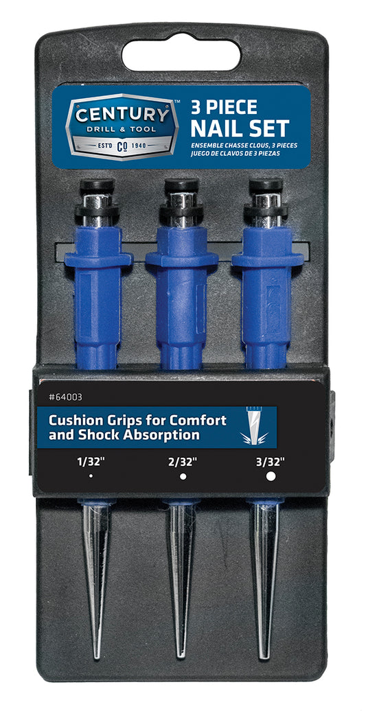 CENTURY DRILL & TOOL, Pin Tip, Nail Set Kit, Alloy Steel, Blue, 3PC