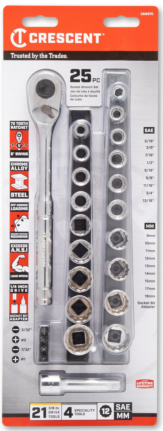 25 Pc. 3/8" Drive 12 Pt SAE/Metric Mechanics Tool Set