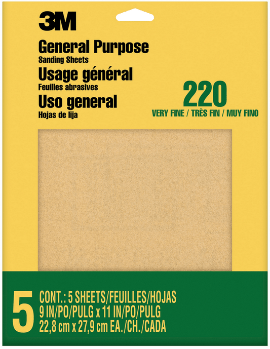 3M 9000NA Sand Blaster Aluminum Oxide Sandpaper Sheets, 220 Grit, 9 Inch By 11 Inch, 5 Pack
