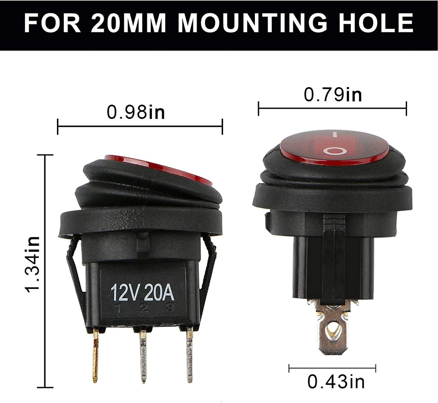 12V Car Truck RV Rocker Round Toggle Switch LED On-Off Control,Waterproof On/Off Boat Marine Auto Rocker Switch SPST 3 Pins for 20mm Mounting Hole (Red)