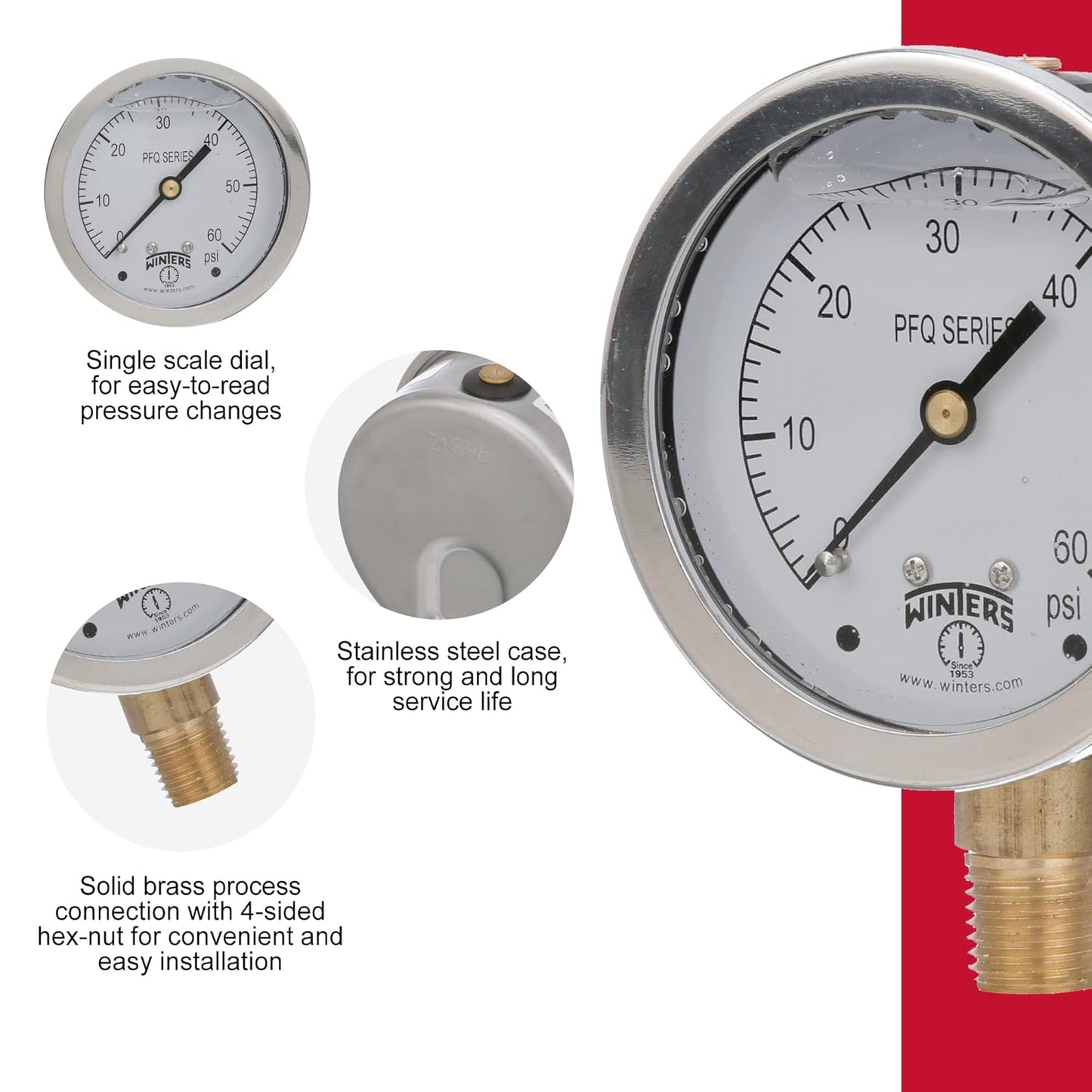 Winters 2-1/2" Glycerin Filled Dial 0-60 Psi Pressure Gauge With Bottom Mount