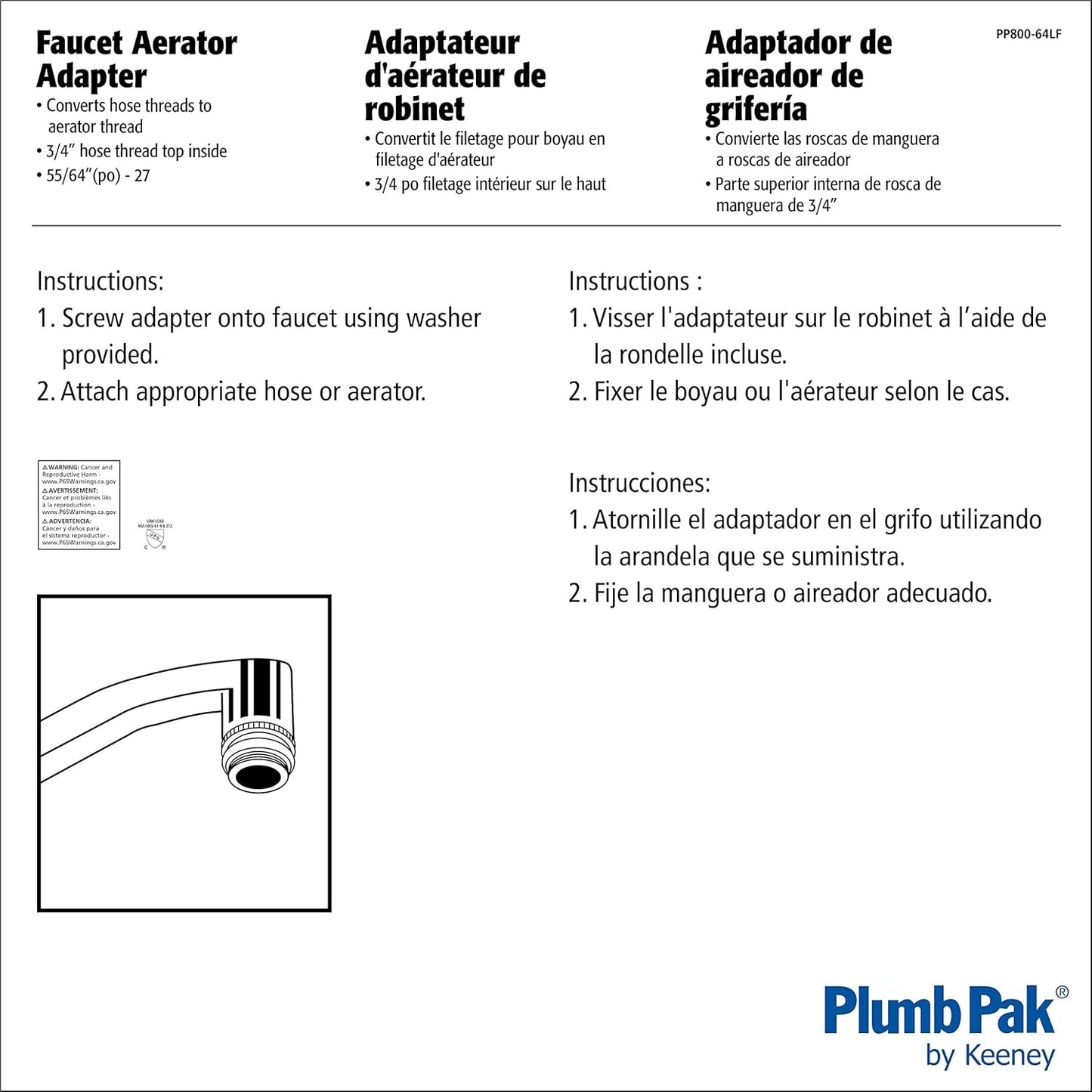 Plumb Pak PP800-64LF Dual Threaded Faucet Aerator Hose Adapter, 55/64-27 Id X 3/4-11-1/2 Od, 3/4" x 11-1/2"