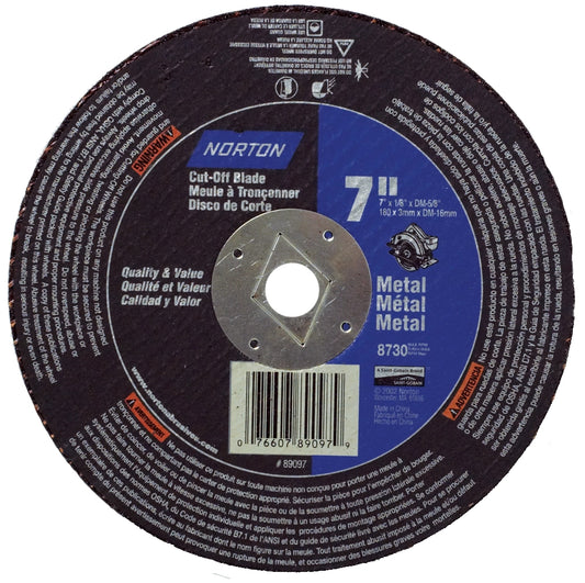 Norton 7 x 1/8, 5/8" Hole 24 Grit Aluminum Oxide Cutoff Wheel Very Coarse, Reinforced, 8,730 Max RPM, Use with Circular Saws