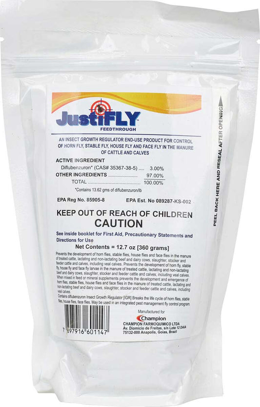 JUSTIFLY FEEDTHROUGH FOR CATTLE AND CALVES ADDITIVE 12.7 OZ.