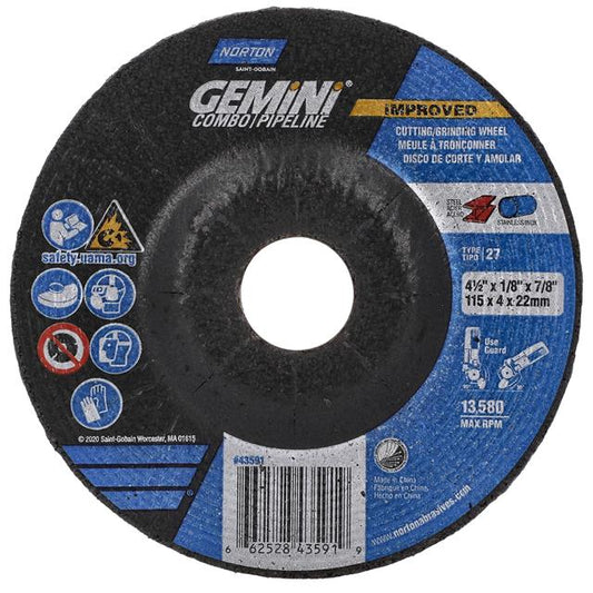 NORTON Cut-Off & Grinding Wheel: Type 27, 4 1/2 in x 1/8 in x 7/8 in, Aluminum Oxide, 24 Grit