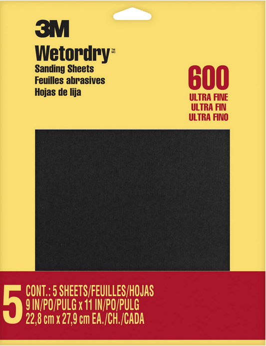 3M 9084 600 Grit, 9 Inch By 11 Inch, Waterproof Silicone Carbide Sandpaper, 5 Pack