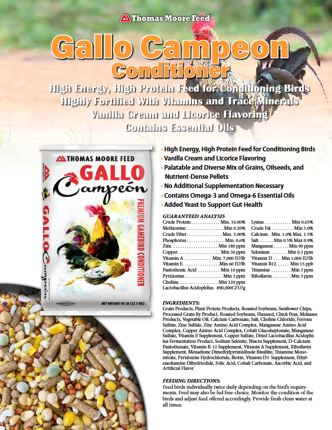 GALLO CAMPE'ON GAME BIRD CONDITIONER RATION 50# - Thomas Moore Feed