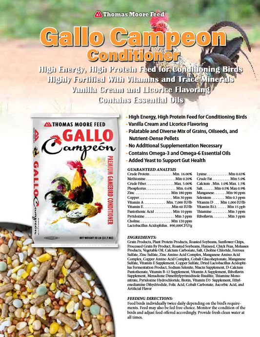 GALLO CAMPE'ON GAME BIRD CONDITIONER RATION 50# - Thomas Moore Feed