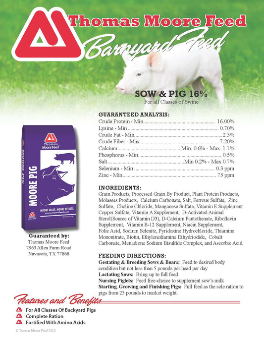 SOW & PIG 16% PELLET 50# - THOMAS MOORE FEED
