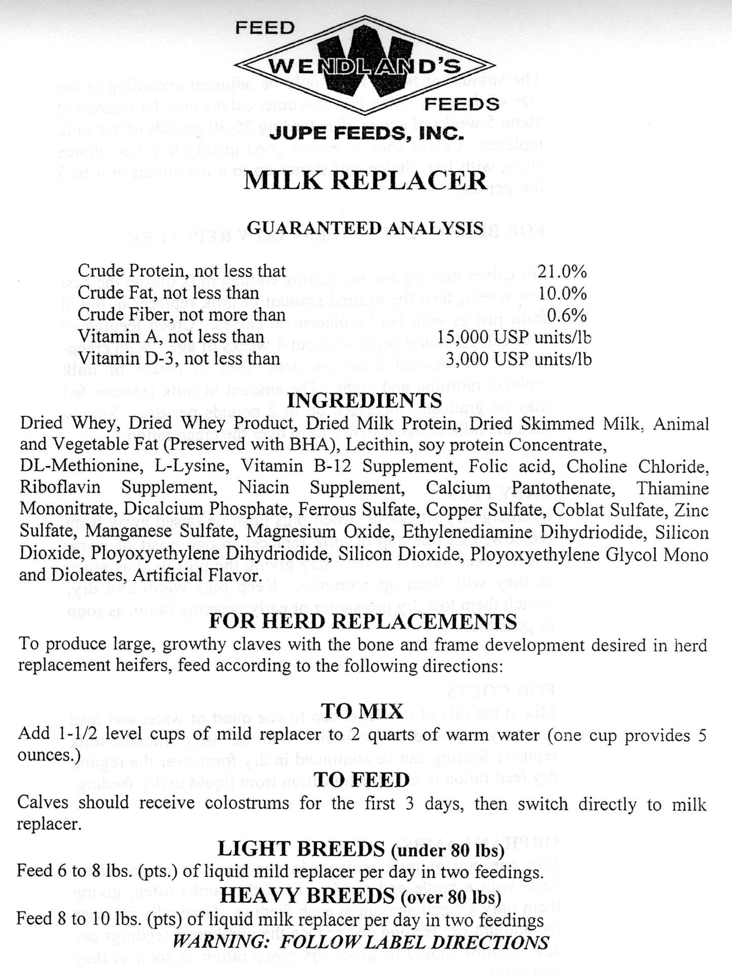 MILK REPLACER POWDER CALF 25#- WENDLAND'S FEED